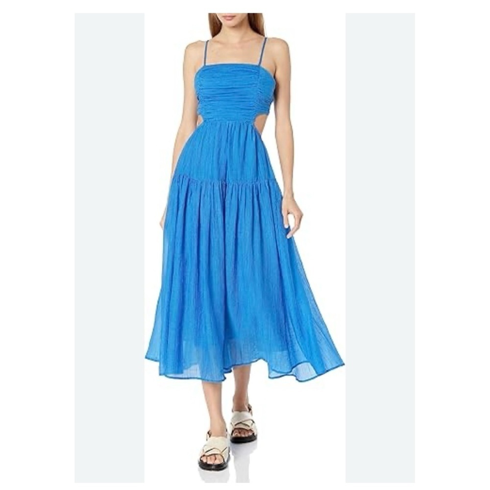 MOON RIVER SHIRRED TIERED CUTOUT BACK TIE Elegant Blue Midi Dress SIZE L